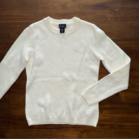Nicole Miller Ivory Long Sleeve Heart Sweater Crew Neck Womens Size XS - Picture 2 of 10